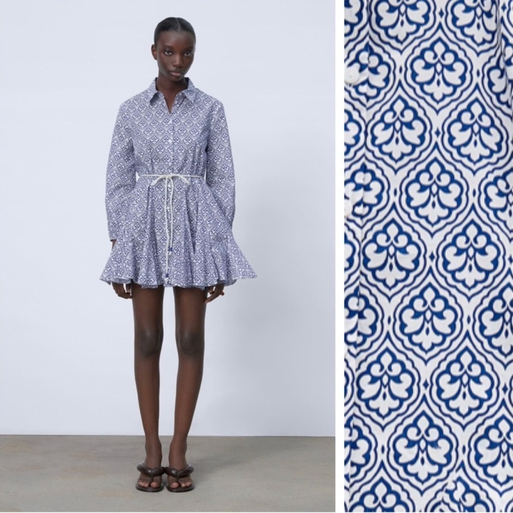 Zara NWOT Cotton Blue and White  Patterned Women's Dress Size Small